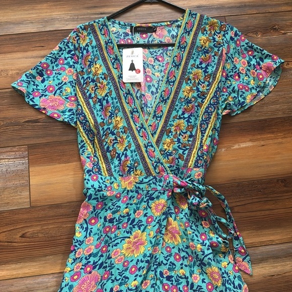 Summer Wrap V Neck Dresses Bohemian Floral Print Ruffle Swing XL - Picture 9 of 14